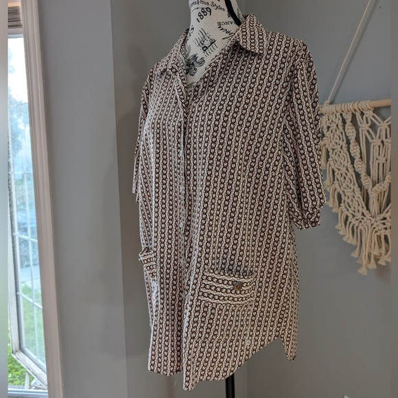 Olsen Button Front Pocket Top Collared Shirt Sleeve Fits Med/Large Brown Cream - Picture 4 of 8